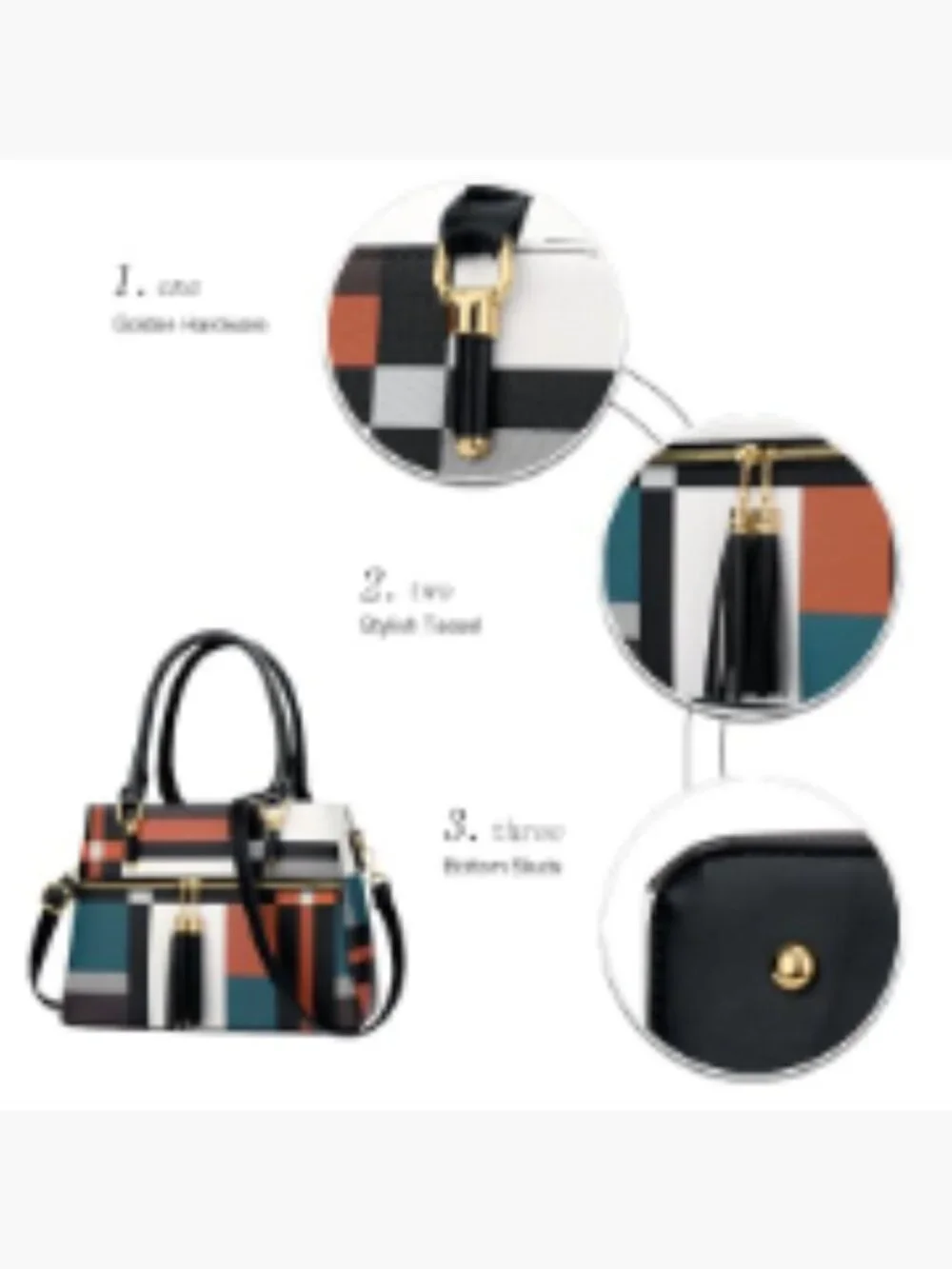 PU Leather Satchel Handbag 3 Compartments Crossbody Top Handle